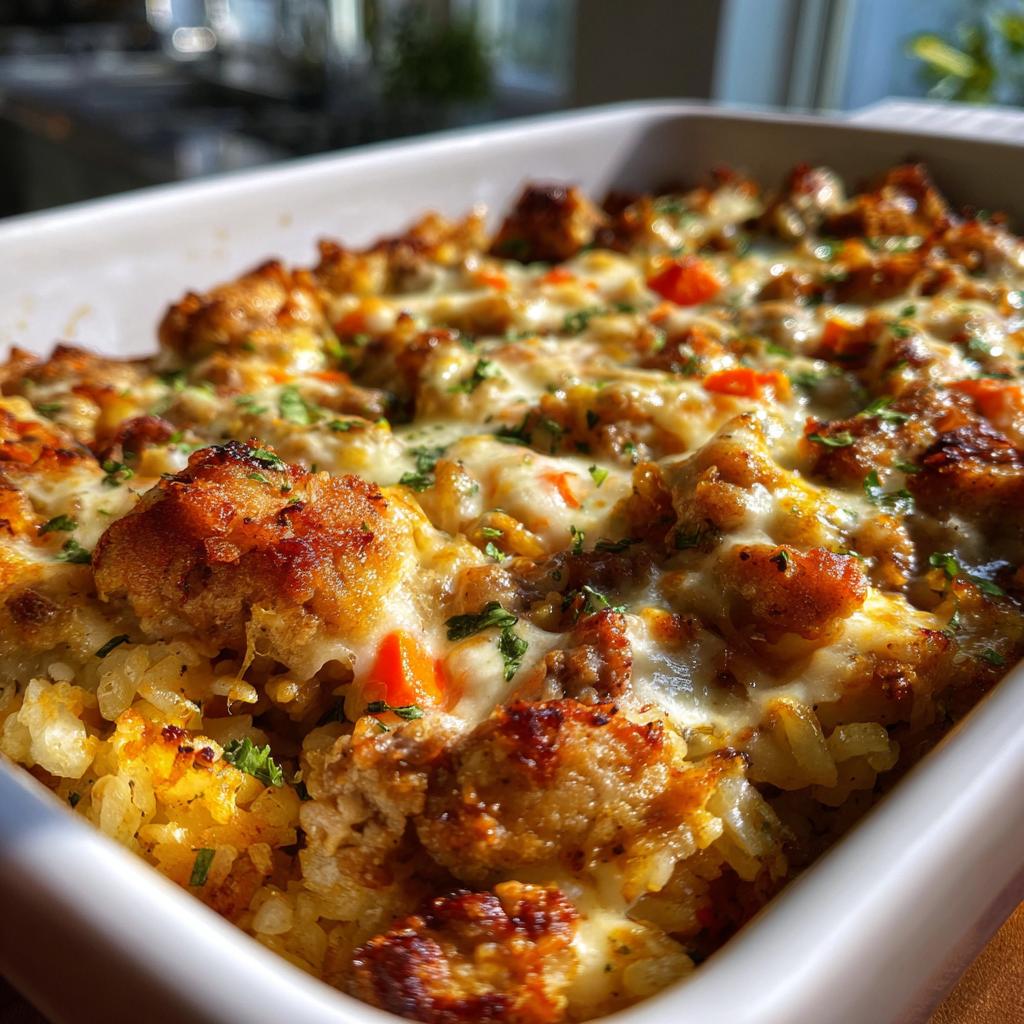 Light Cheesy Chicken, Sausage & Rice Casserole