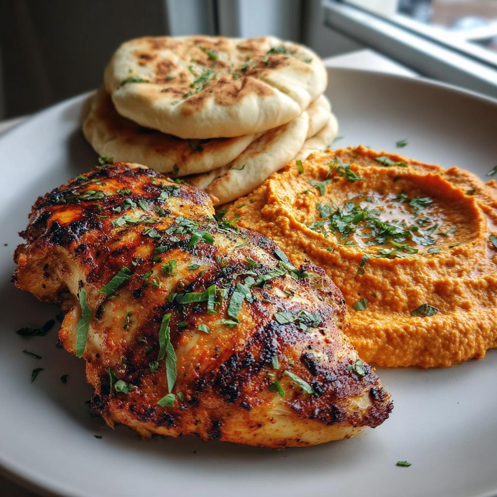 Grilled Chicken with Roasted Red Pepper Hummus and Pita