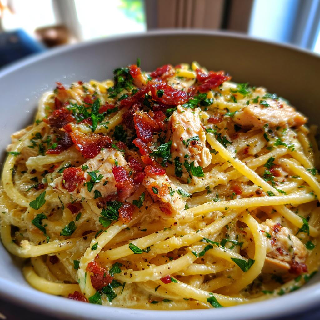 carbonara pasta with chicken - detail 1