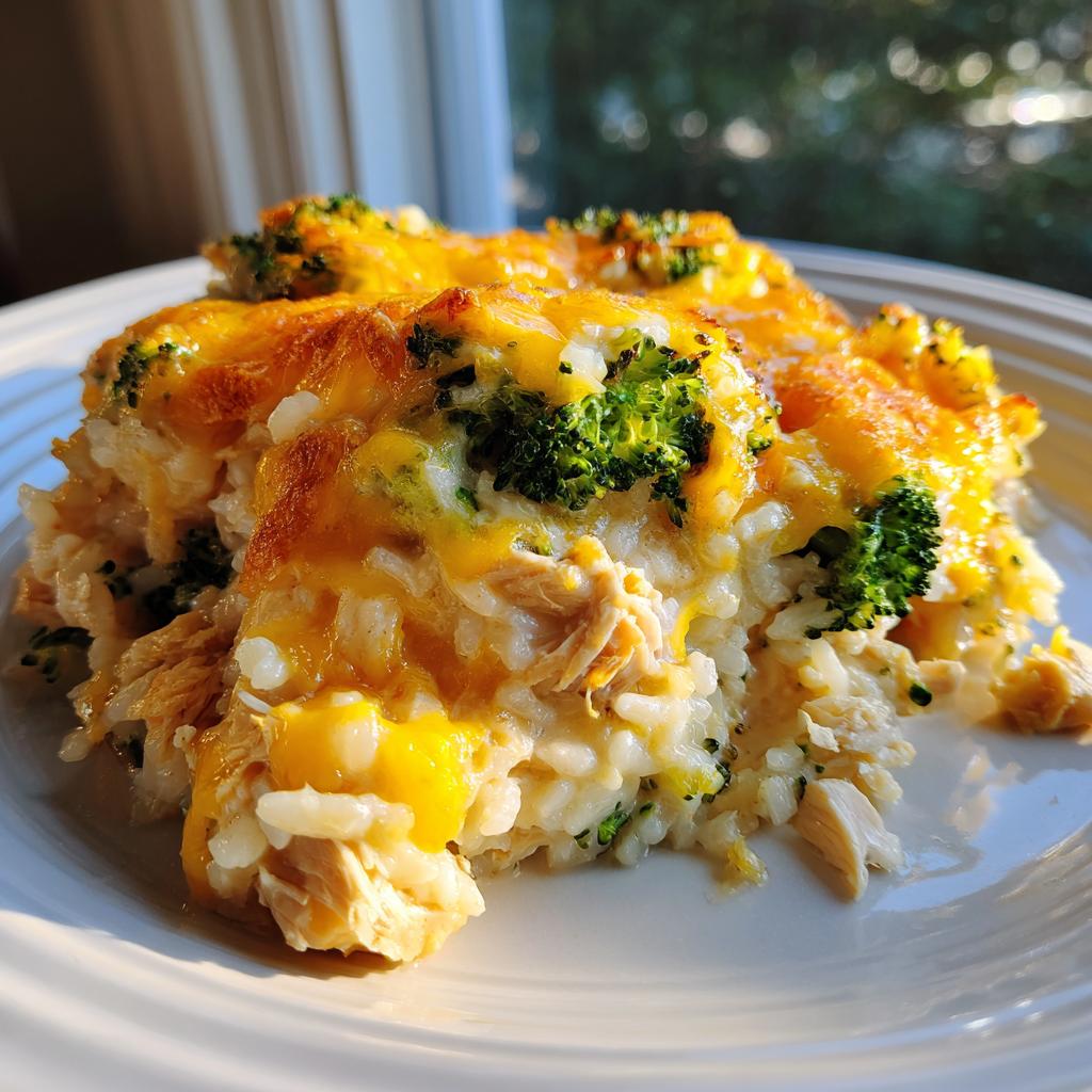 cheesy chicken rice and broccoli casserole