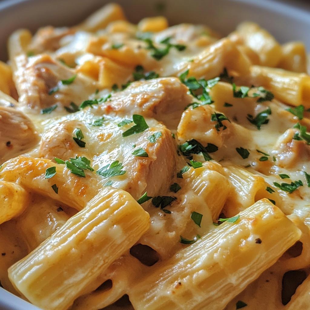 cheesy garlic butter chicken rigatoni in creamy alfredo sauce