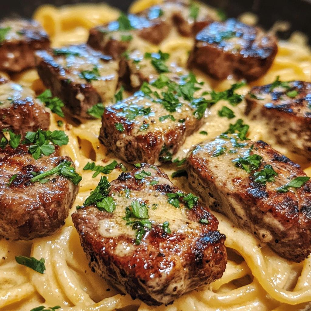 cheesy garlic steak bites over creamy linguine pasta