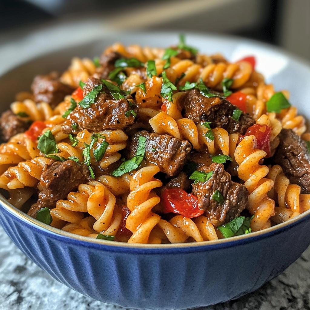 creamy cajun beef and rotini delight