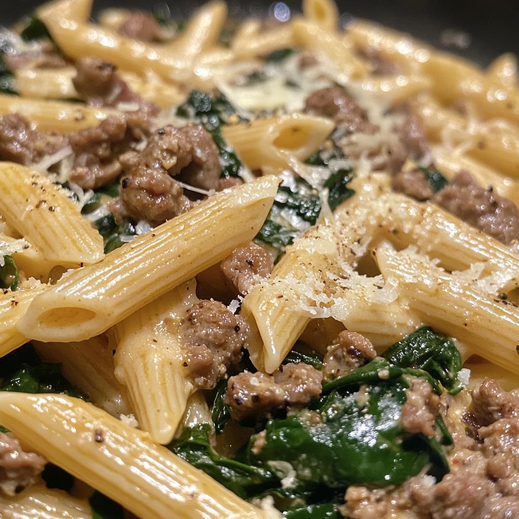 creamy garlic butter beef penne with sausage and spinach