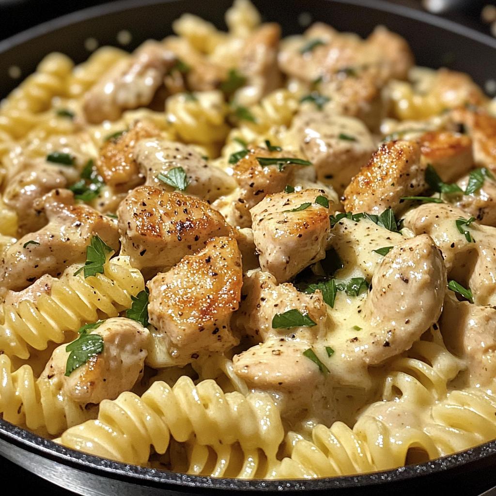 creamy garlic butter chicken and rotini in parmesan sauce