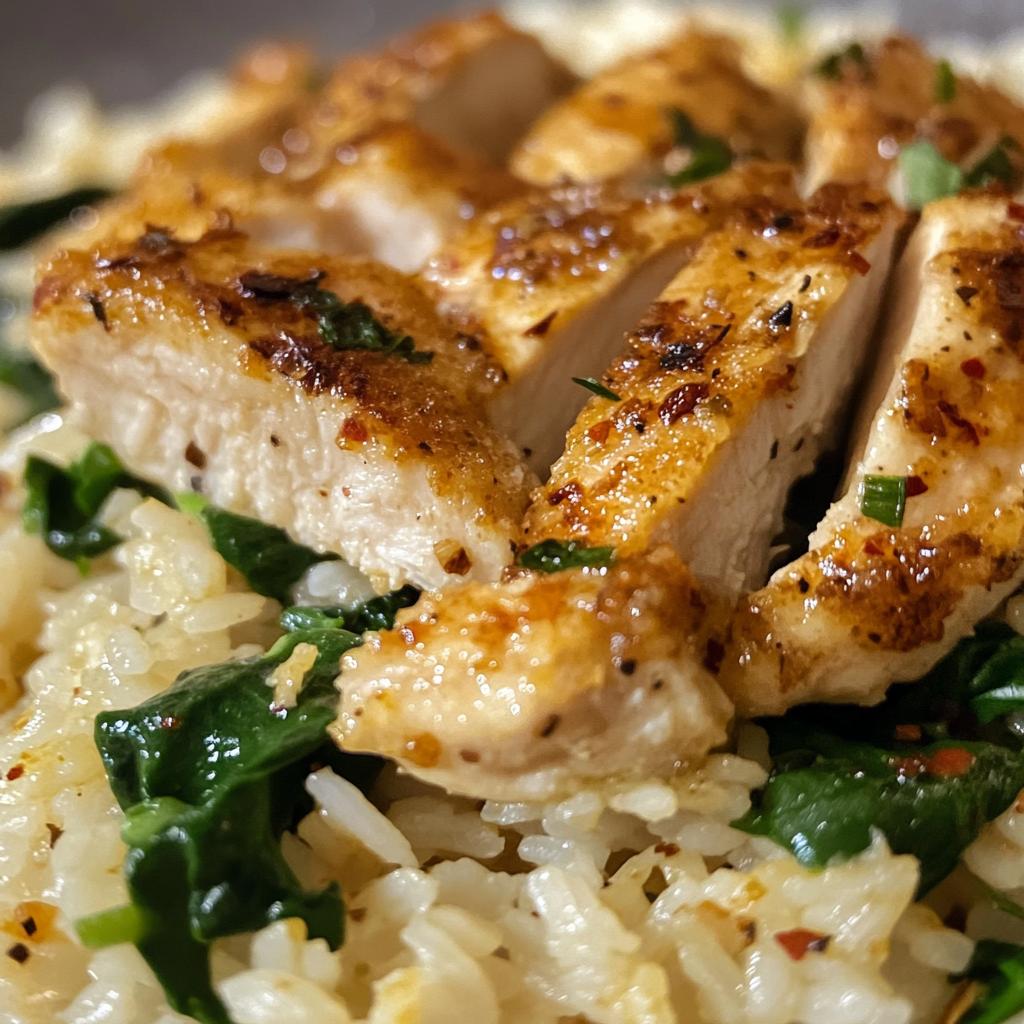 creamy parmesan spinach rice with spicy garlic chicken