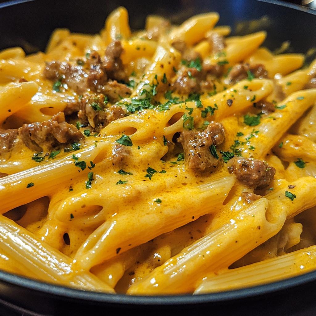 creamy velveeta penne pasta with cajun beef alfredo sauce