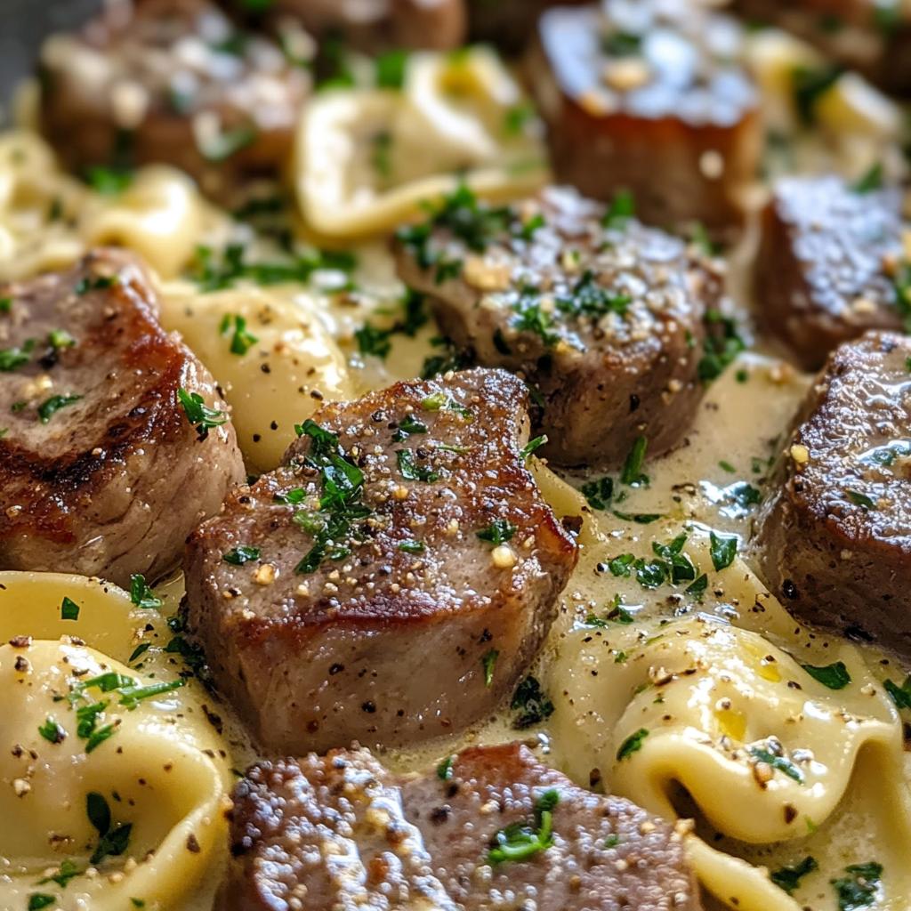 garlic butter steak bites with creamy parmesan tortellini and garlic sauce - detail 1