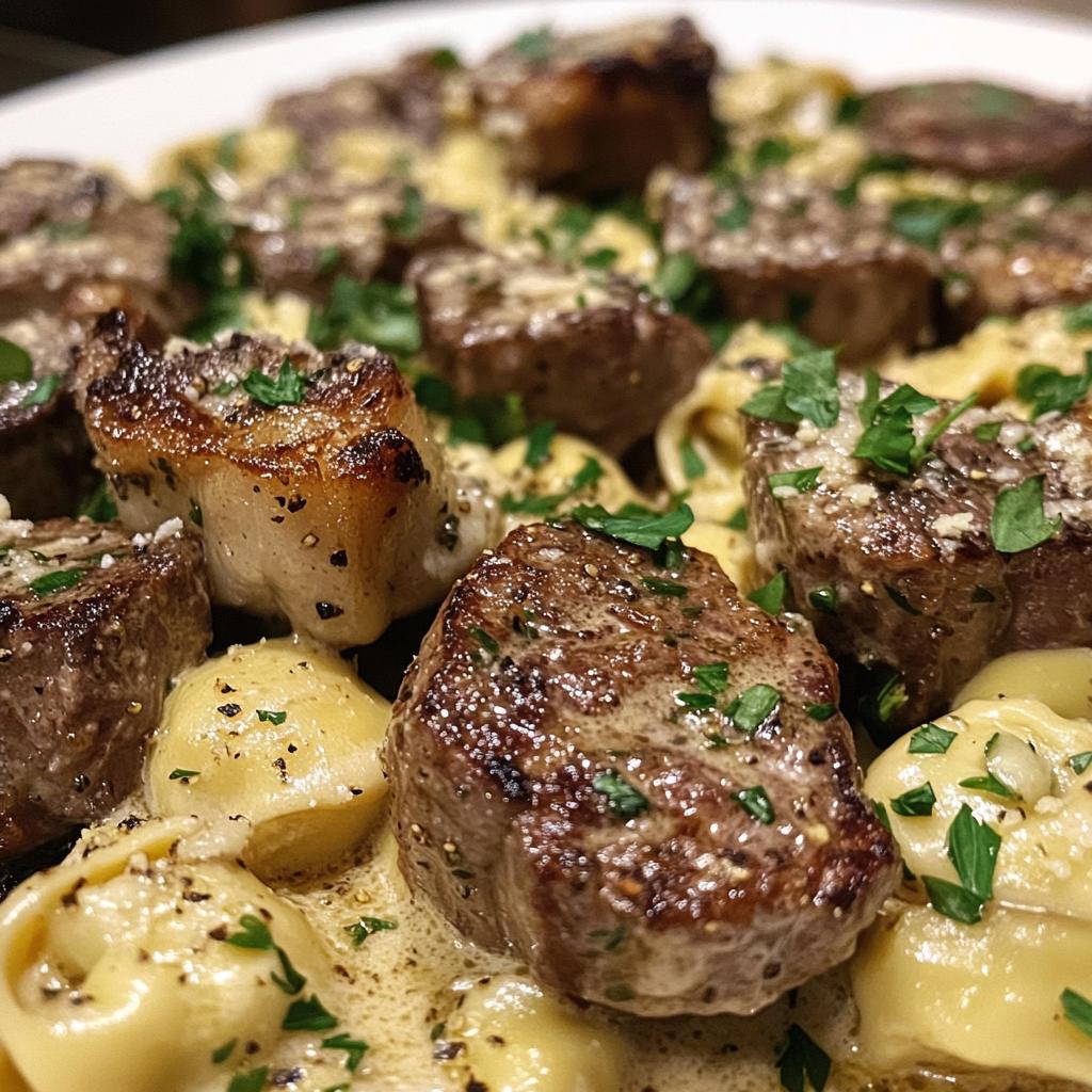 garlic butter steak bites with creamy parmesan tortellini and garlic sauce