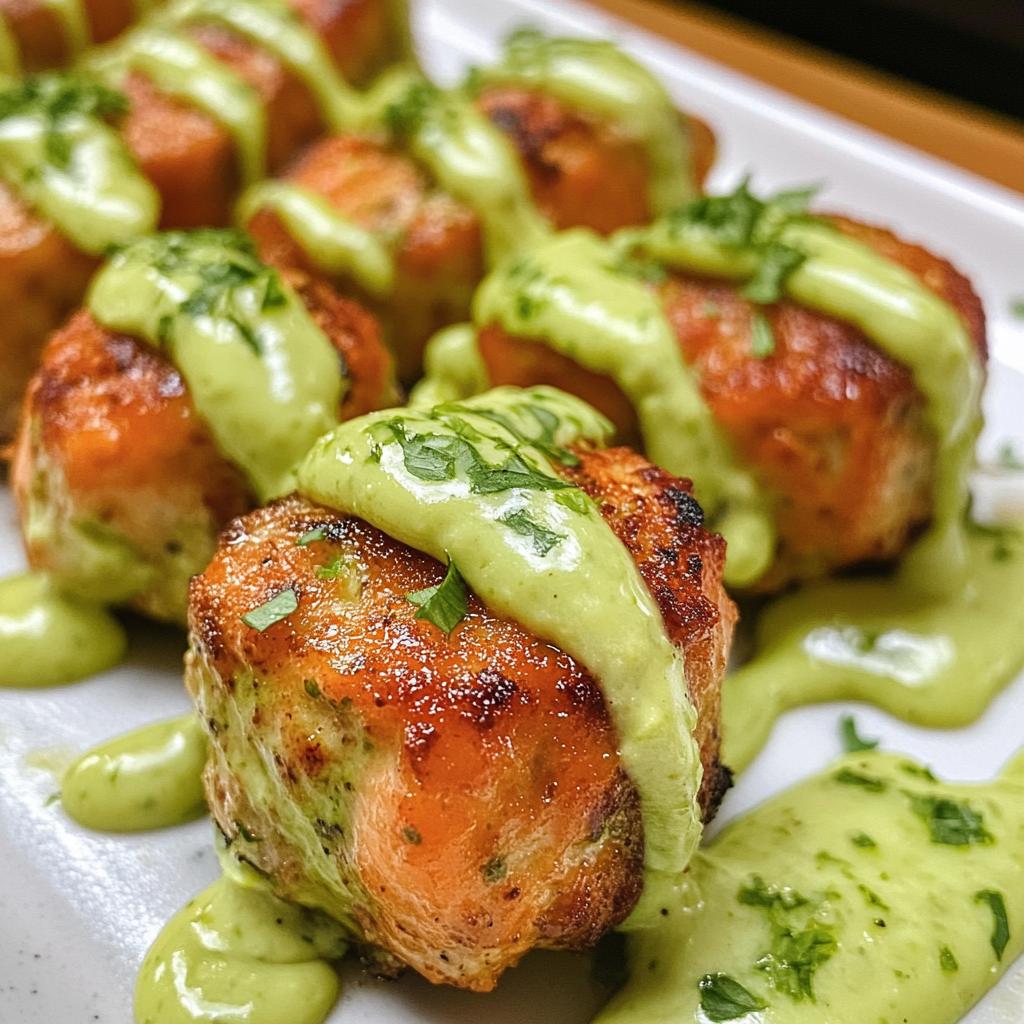 baked salmon meatballs with a tangy avocado sauce