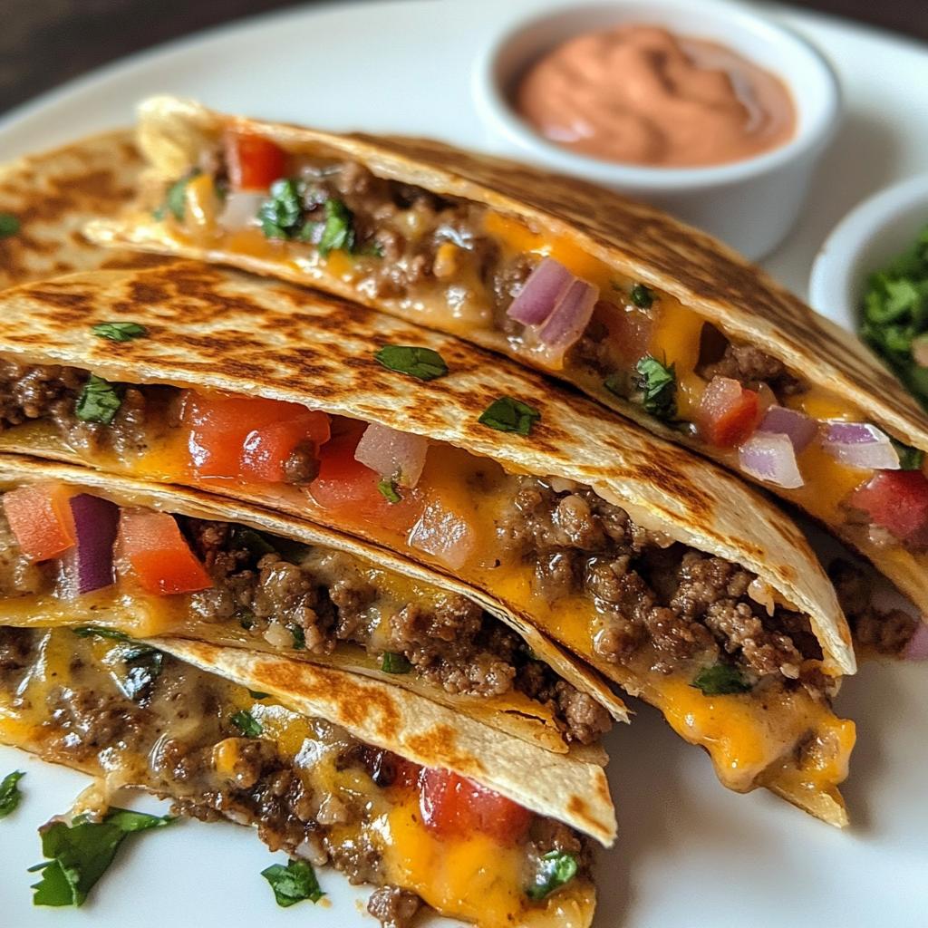 cheeseburger quesadilla with homemade burger sauce