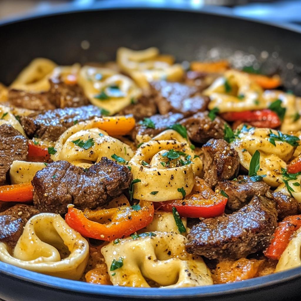 cheesesteak tortellini in creamy provolone sauce