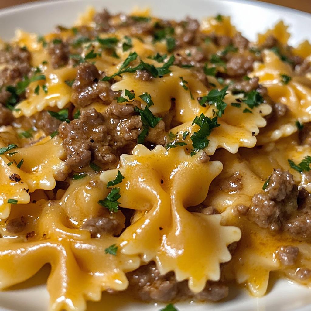cheesy beef and bowtie pasta in garlic butter - detail 1