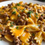 cheesy beef and bowtie pasta in garlic butter