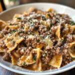 creamy beef and bowtie pasta