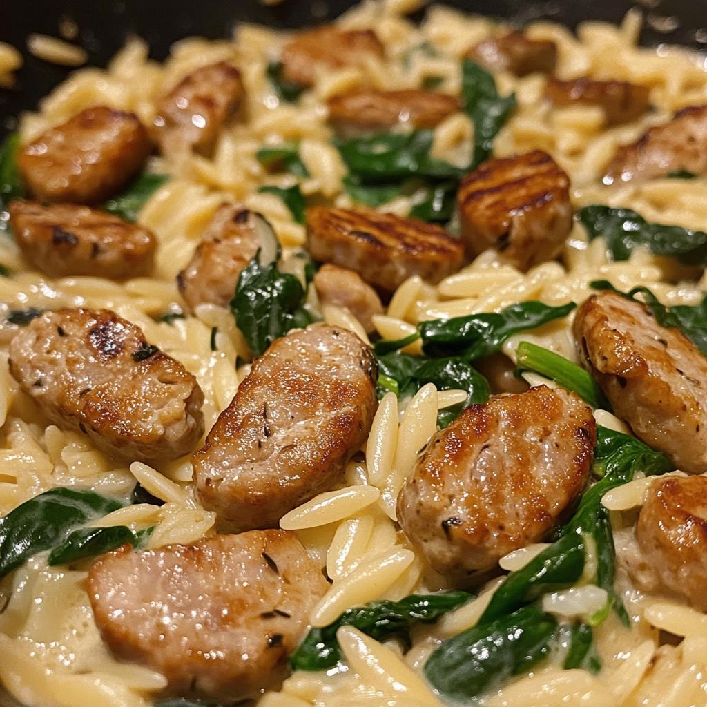 creamy chicken sausage orzo skillet