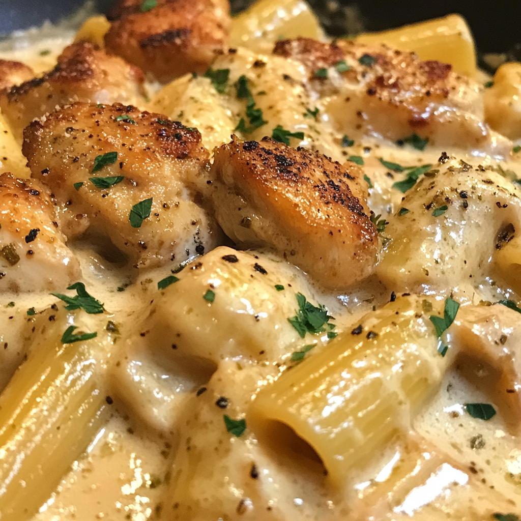 creamy garlic butter chicken and rigatoni in parmesan sauce