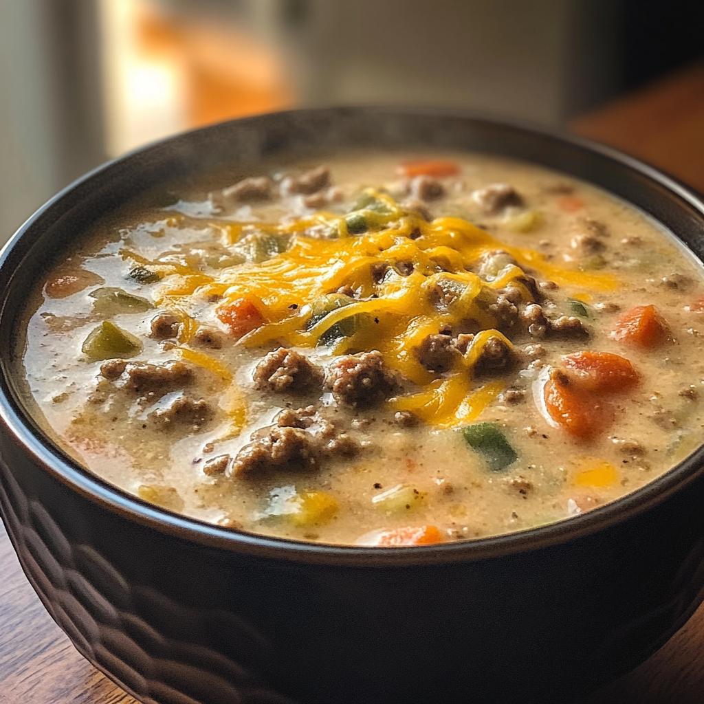 creamy hearty cheeseburger soup - detail 1
