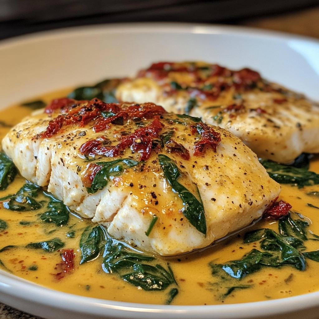 creamy keto tuscan cod with spinach and sun dried tomatoes