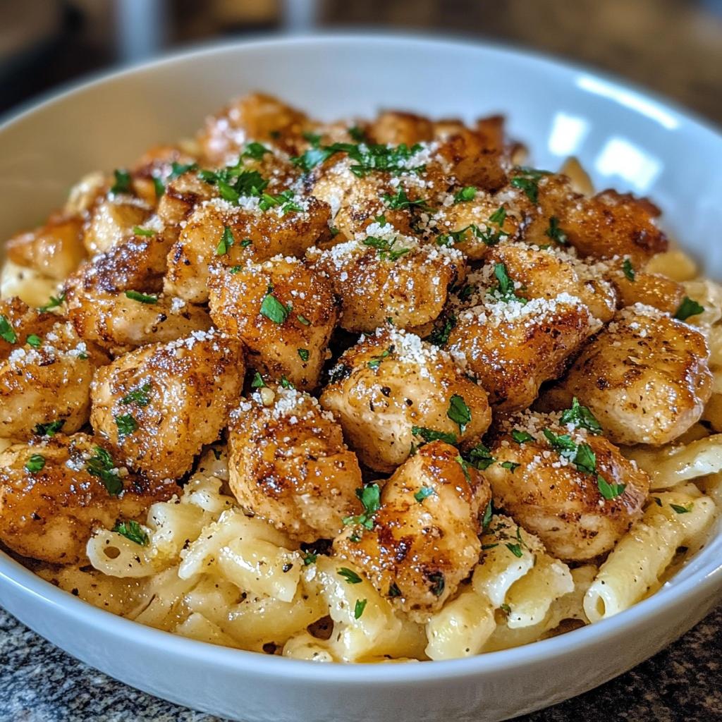 garlic butter chicken bites with creamy parmesan pasta