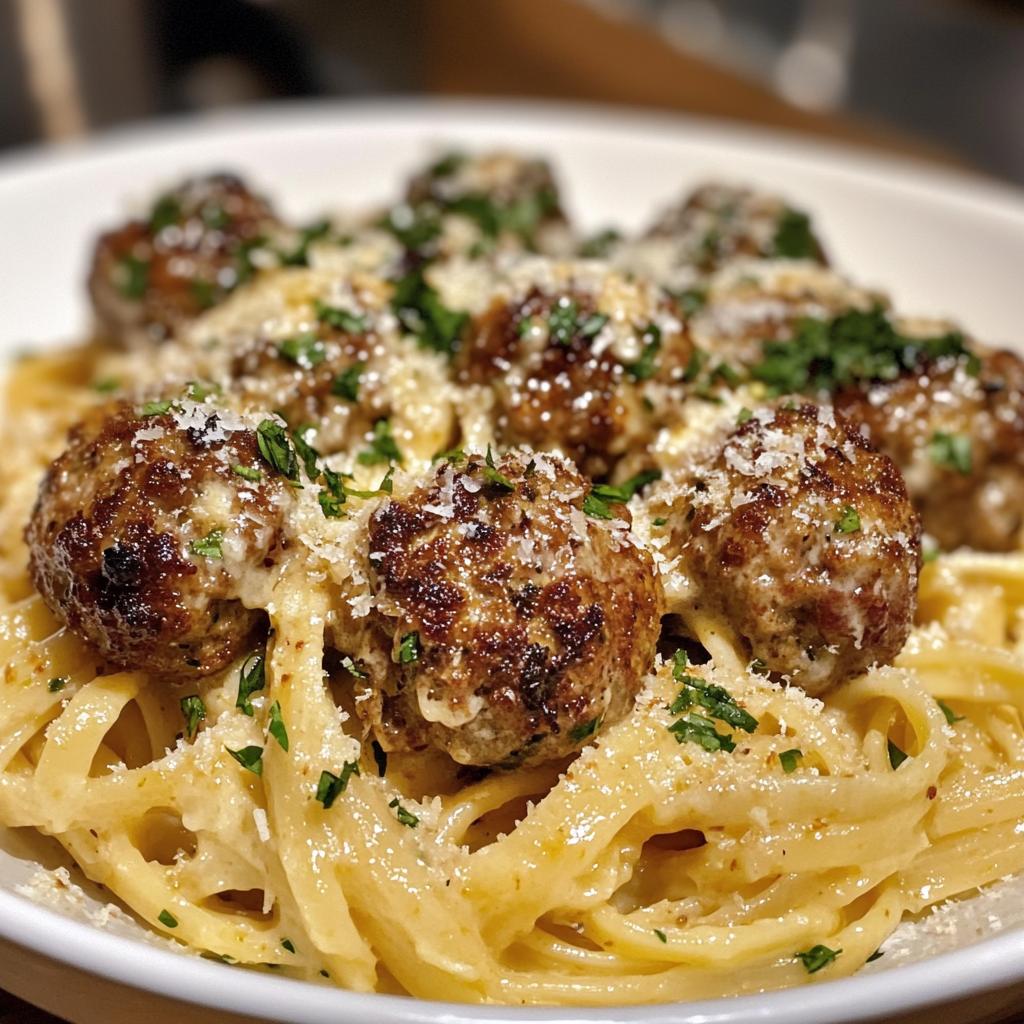 garlic butter meatballs served over creamy parmesan linguine