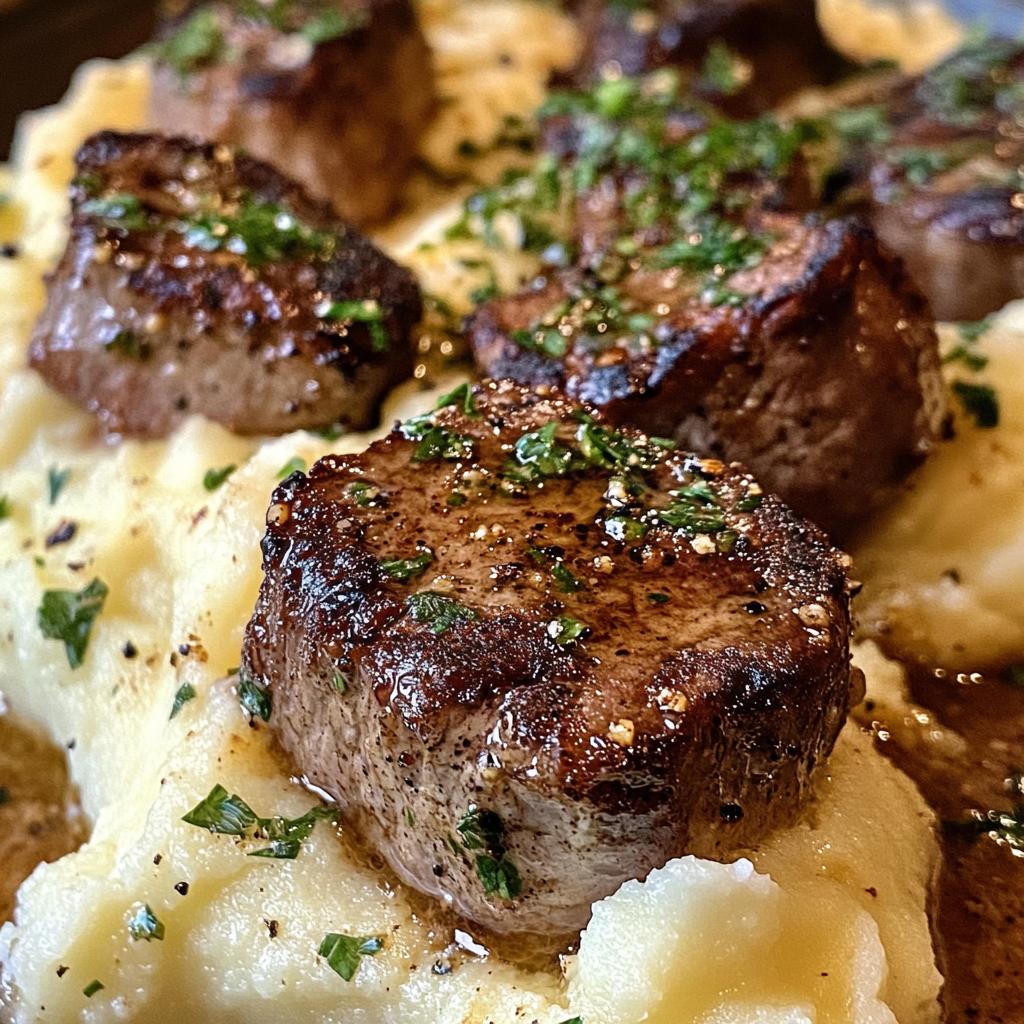 garlic butter steak bites and mash