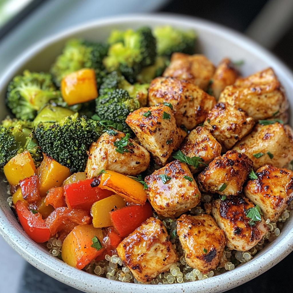 healthy spicy chicken and roasted vegetable bowls