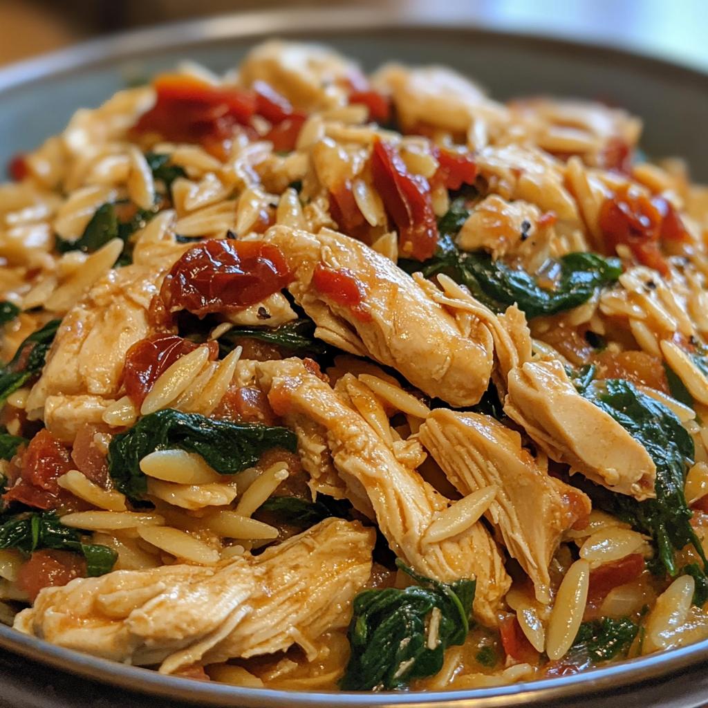 slow cooker creamy tuscan chicken orzo - detail 1