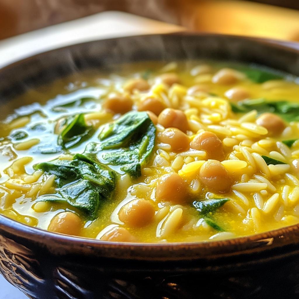 turmeric soup with chickpeas orzo and spinach - detail 1