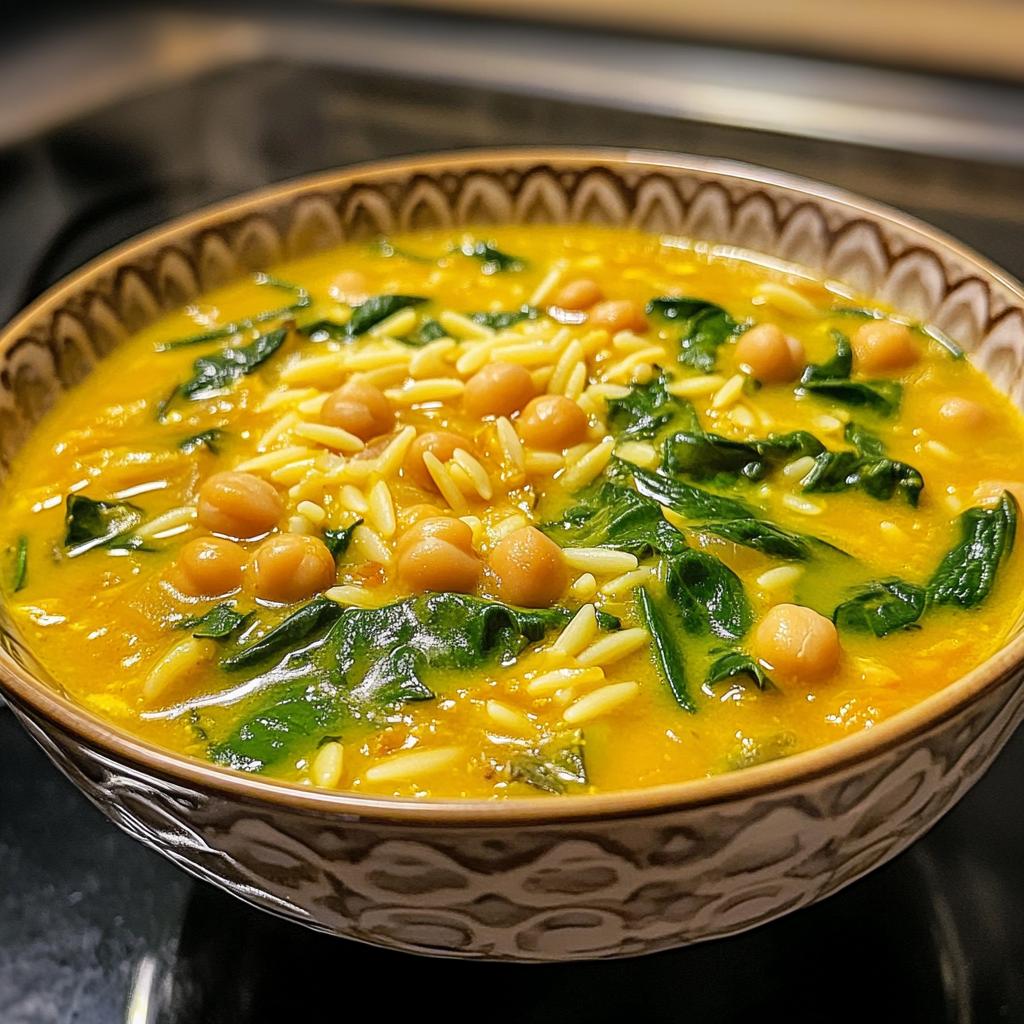 turmeric soup with chickpeas orzo and spinach