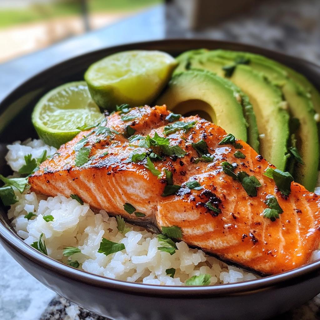 vibrant spicy salmon bowls with coconut rice and avocado